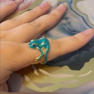 Blue Frog Ring with Gold Accents adjustable